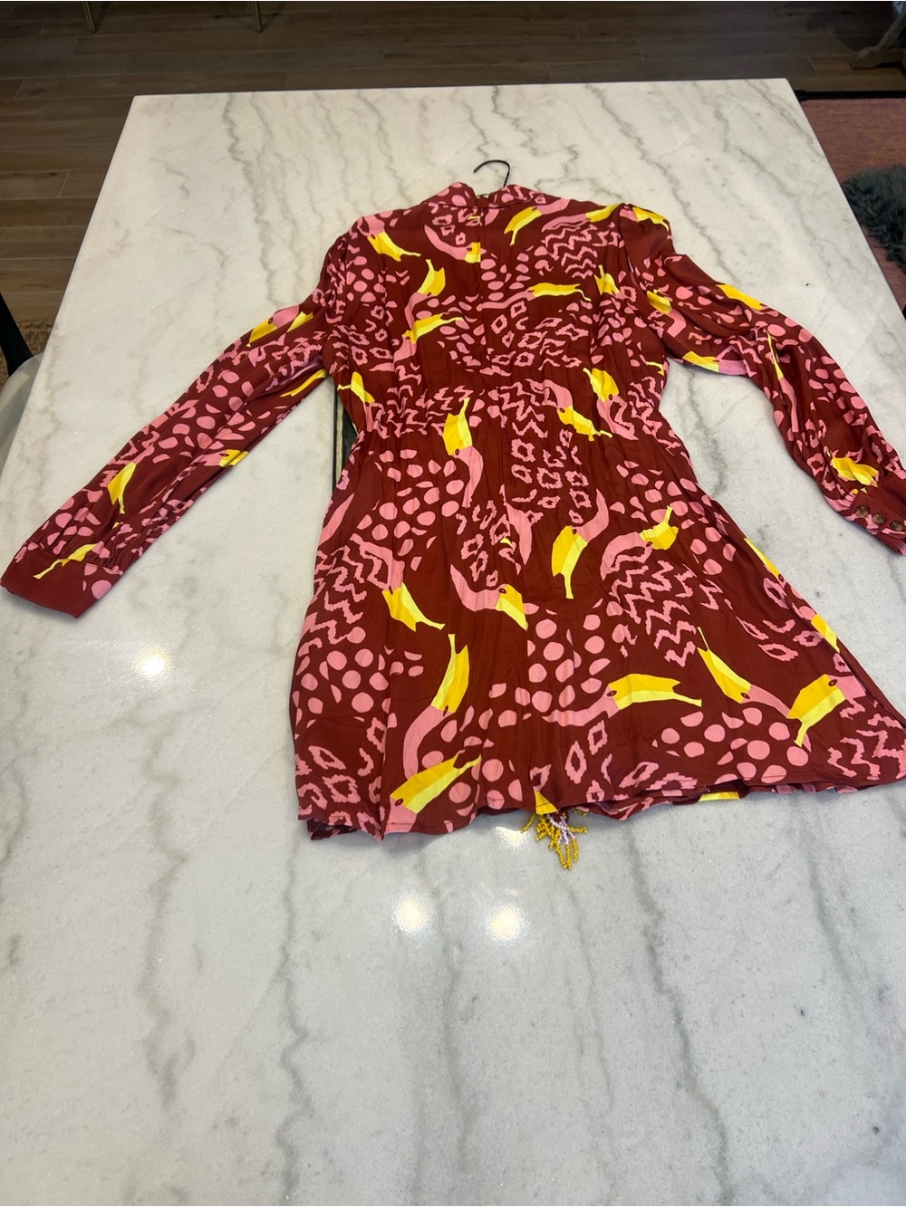 Farm Rio LARGE Toucanissimo long sleeve burgundy red printed wrap mini dress